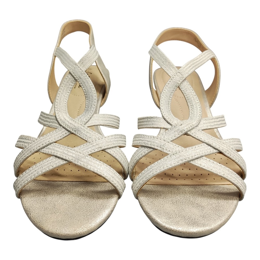 LifeStride Yaya Strappy Sandals Womens US 7.5M Silver Soft System Wedge Slip On